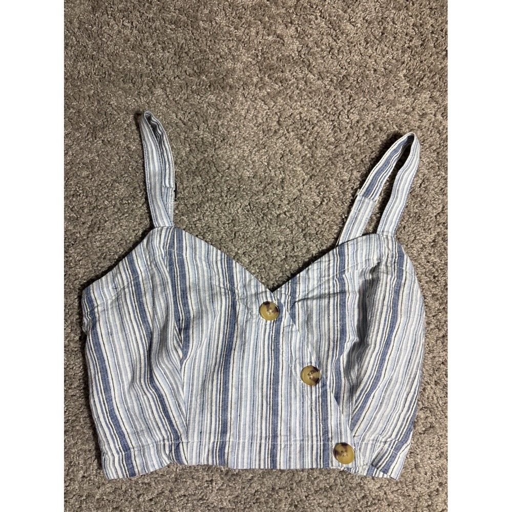 Aeropostale Womens Blue White Striped Linen Blend Smocked Crop Cami Top Small